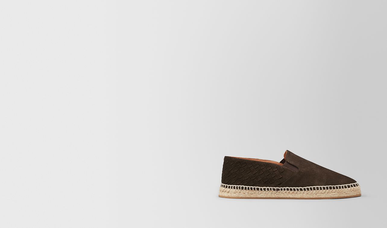 gala espadrille in espresso suede, intrecciato details landing