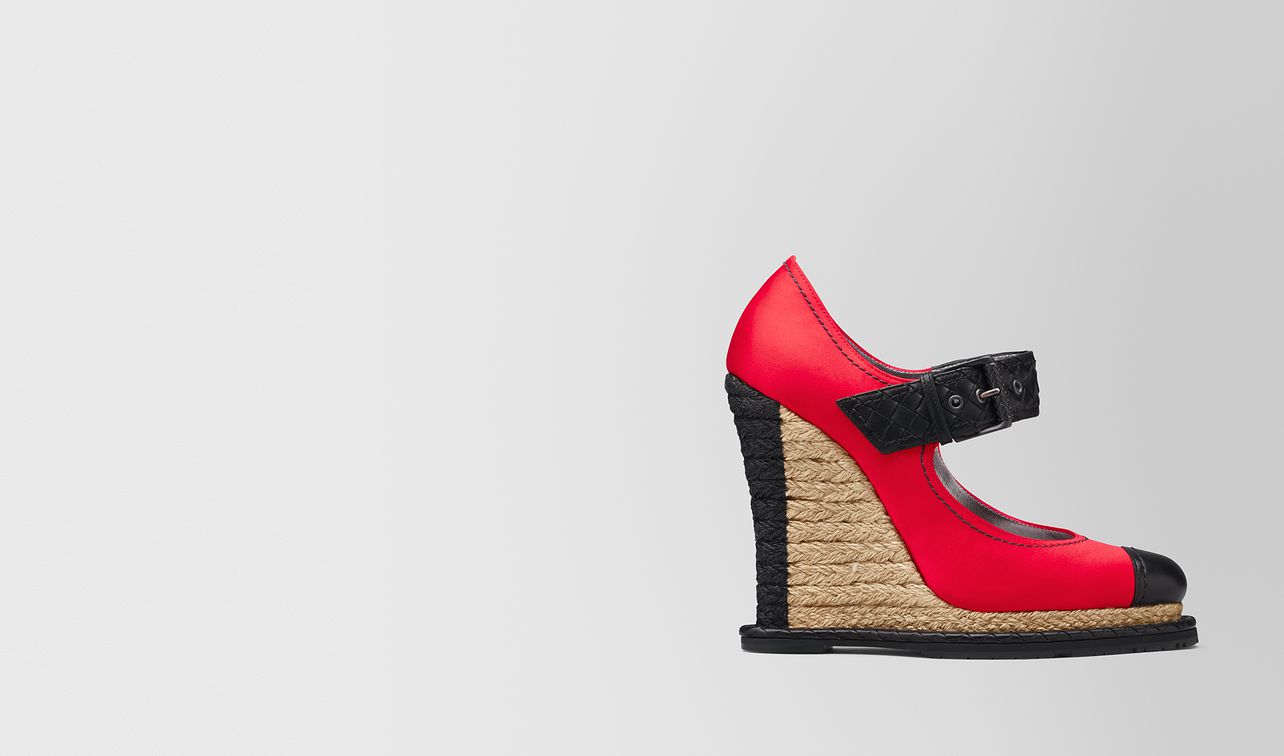 china red satin espadrille wedge landing