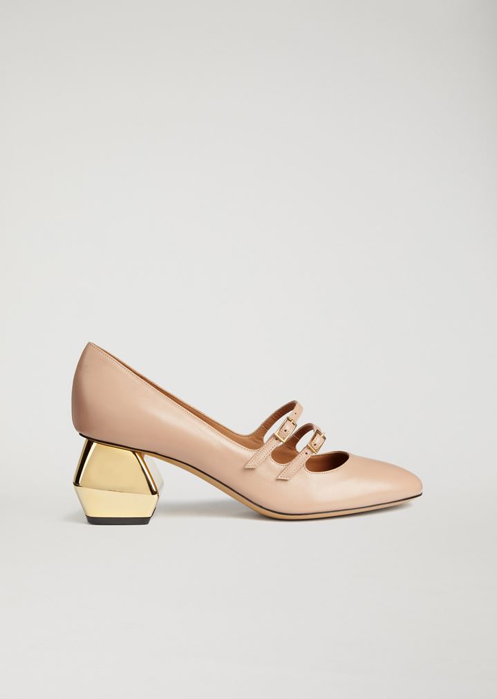 Merceditas de napa con tacón hexagonal cromado Merceditas de napa con tacón hexagonal cromado