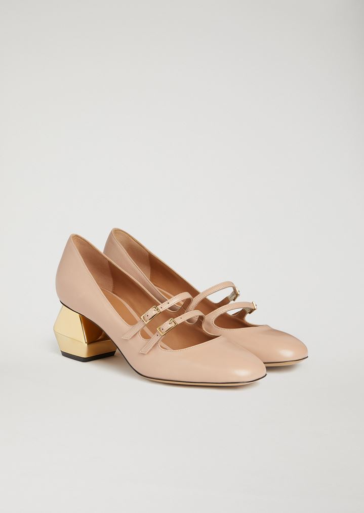 Merceditas de napa con tacón hexagonal cromado Merceditas de napa con tacón hexagonal cromado