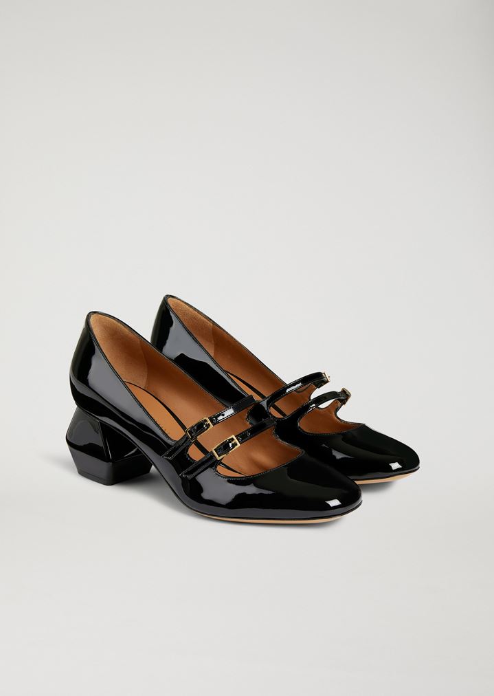 Merceditas de napa con tacón hexagonal de charol Merceditas de napa con tacón hexagonal de charol