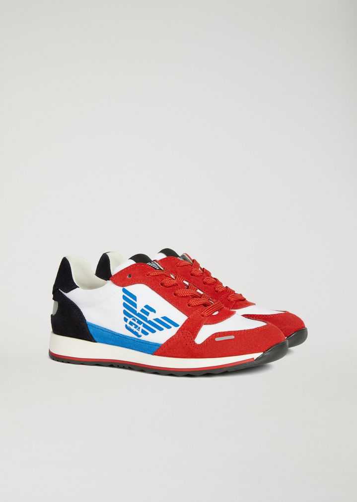 Sneakers de piel de ante y tejido técnico con logotipo Sneakers de piel de ante y tejido técnico con logotipo