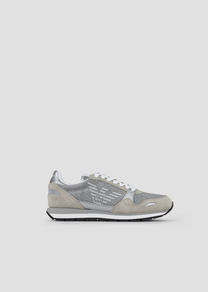 Sneakers in glittered mesh with inserts in suede and vinyl Sneakers in glittered mesh with inserts in suede and vinyl