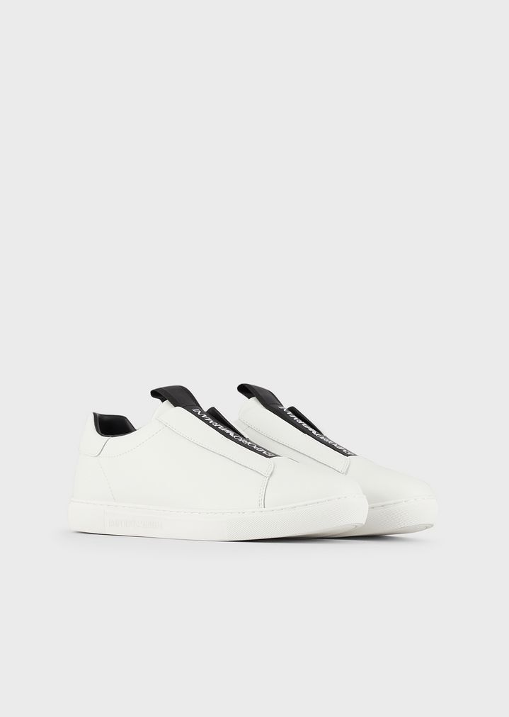 Leather slip-ons with logo strip Leather slip-ons with logo strip