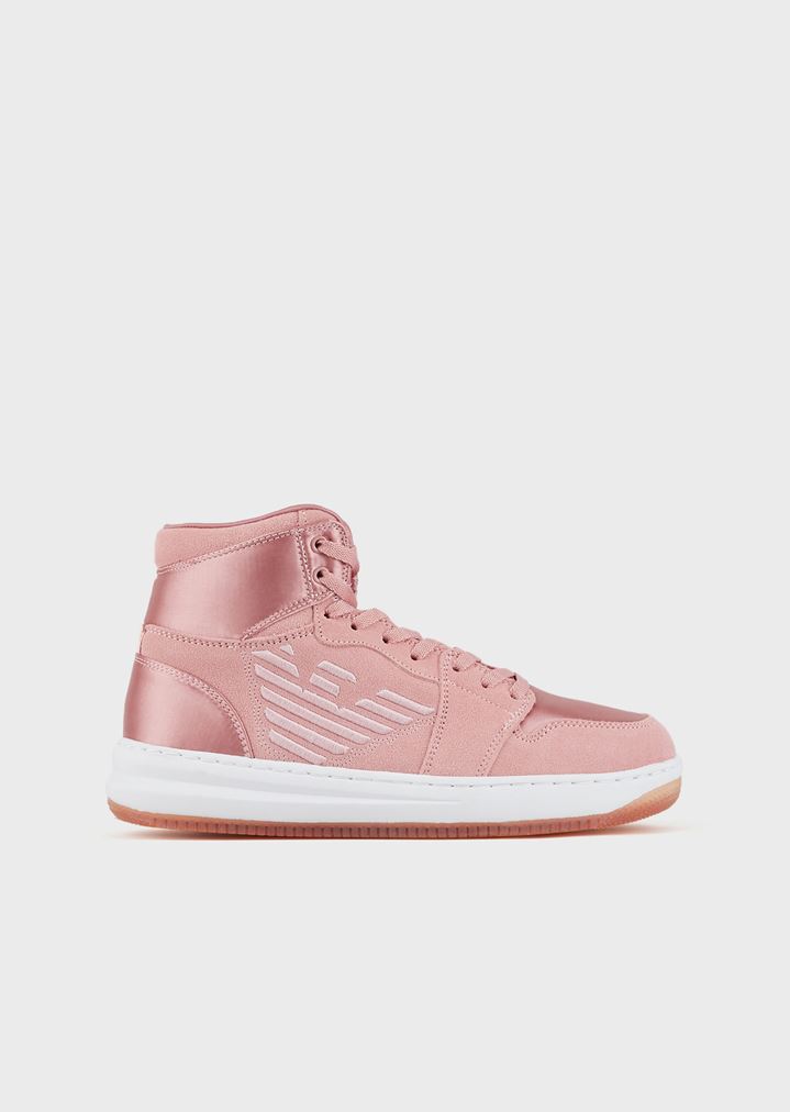 High-top suede sneakers with satin inserts High-top suede sneakers with satin inserts