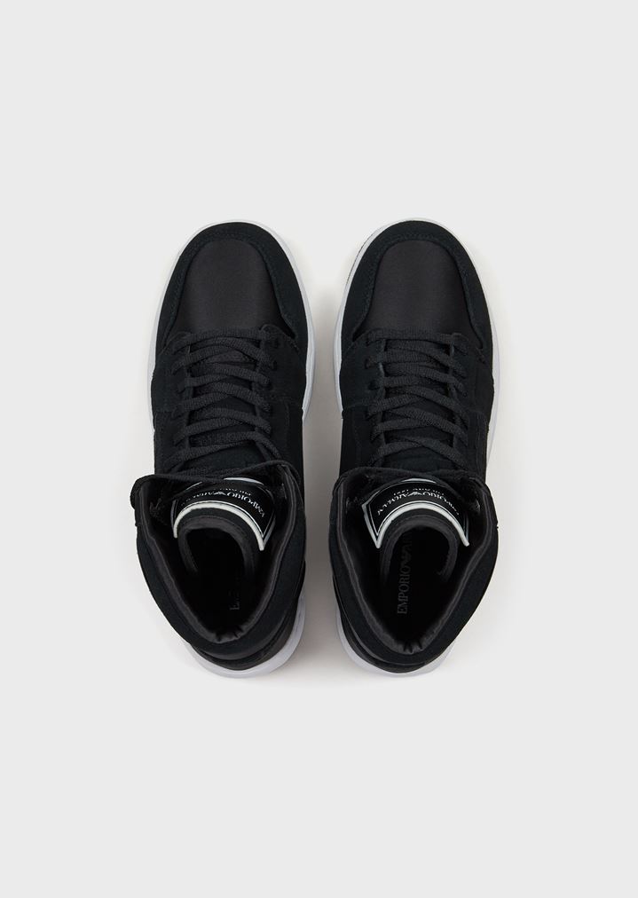 High-top suede sneakers with satin inserts High-top suede sneakers with satin inserts
