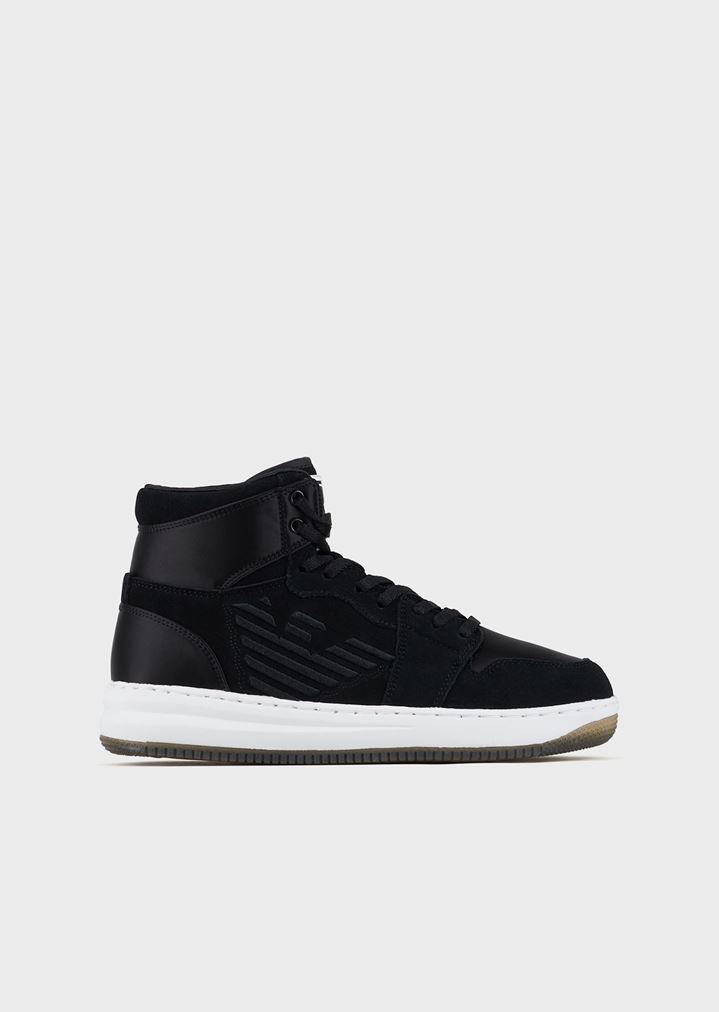 High-top suede sneakers with satin inserts High-top suede sneakers with satin inserts
