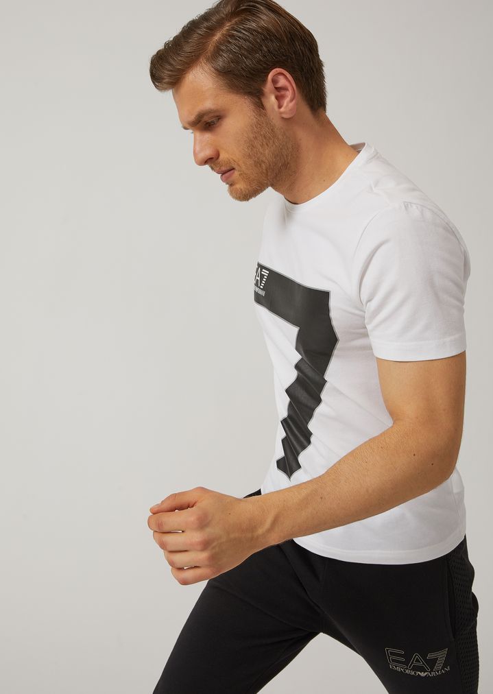 Camiseta de algodón elástico con logotipo EA7 en la parte delantera Camiseta de algodón elástico con logotipo EA7 en la parte delantera