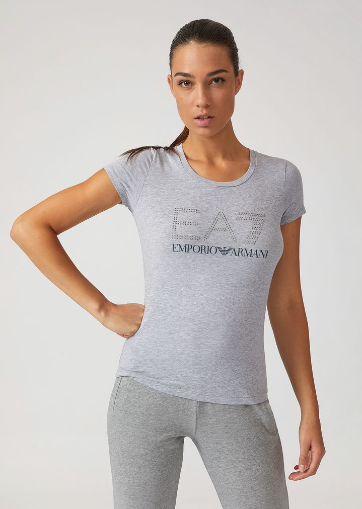 Camiseta de algodón elástico con logotipo EA7 con strass Camiseta de algodón elástico con logotipo EA7 con strass