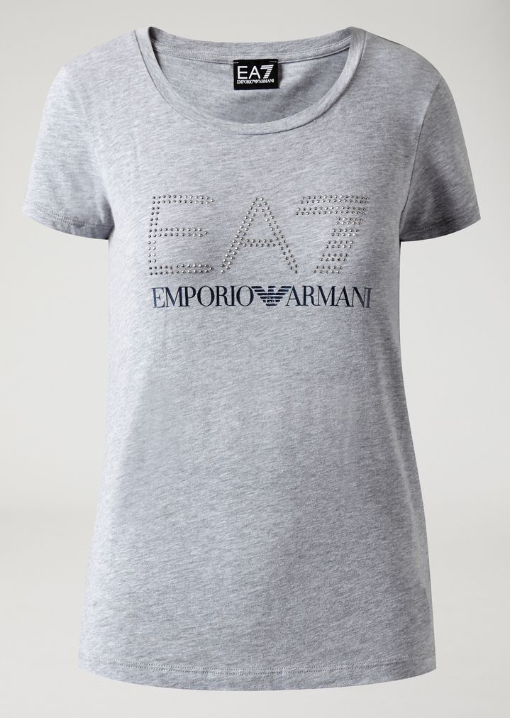 Camiseta de algodón elástico con logotipo EA7 con strass Camiseta de algodón elástico con logotipo EA7 con strass