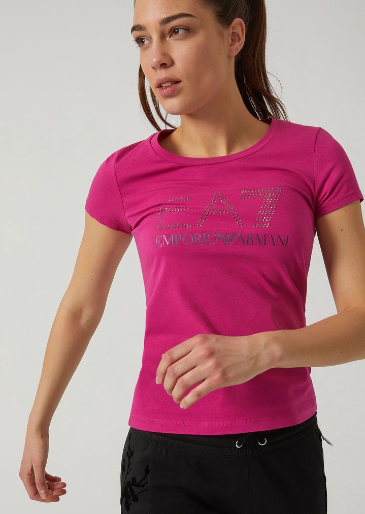 Camiseta de algodón elástico con logotipo EA7 con strass Camiseta de algodón elástico con logotipo EA7 con strass