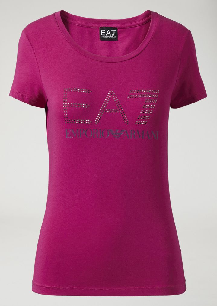 Camiseta de algodón elástico con logotipo EA7 con strass Camiseta de algodón elástico con logotipo EA7 con strass