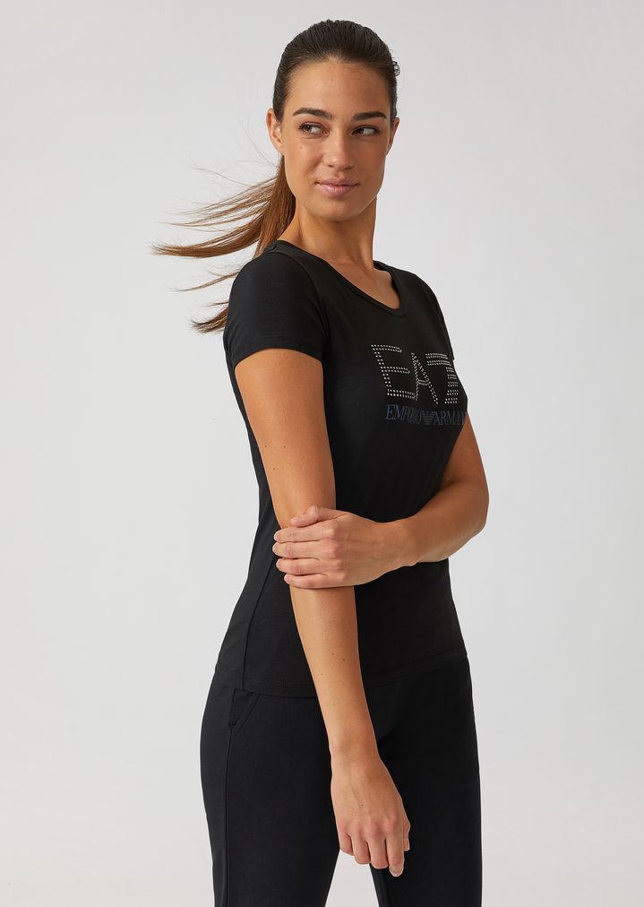 Camiseta de algodón elástico con logotipo EA7 con strass Camiseta de algodón elástico con logotipo EA7 con strass