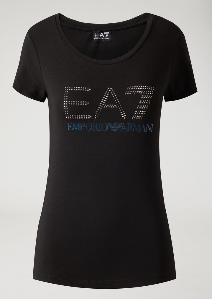 Camiseta de algodón elástico con logotipo EA7 con strass Camiseta de algodón elástico con logotipo EA7 con strass