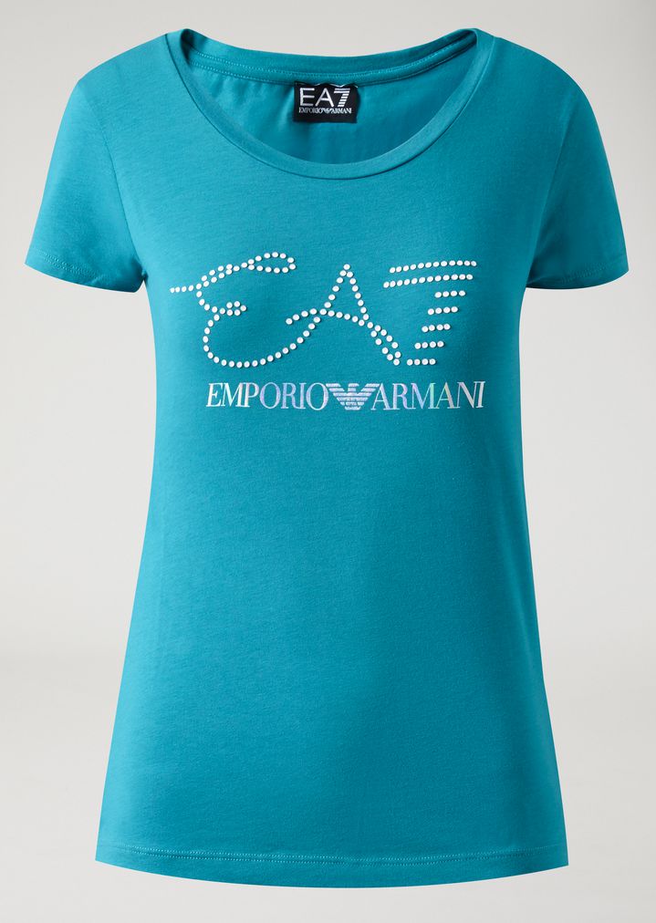 Camiseta de algodón elástico con logotipo EA7 con strass Camiseta de algodón elástico con logotipo EA7 con strass