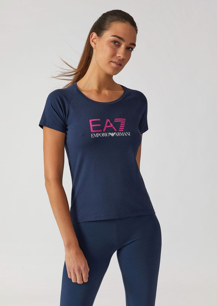Camiseta de algodón elástico con logotipo EA7 Camiseta de algodón elástico con logotipo EA7