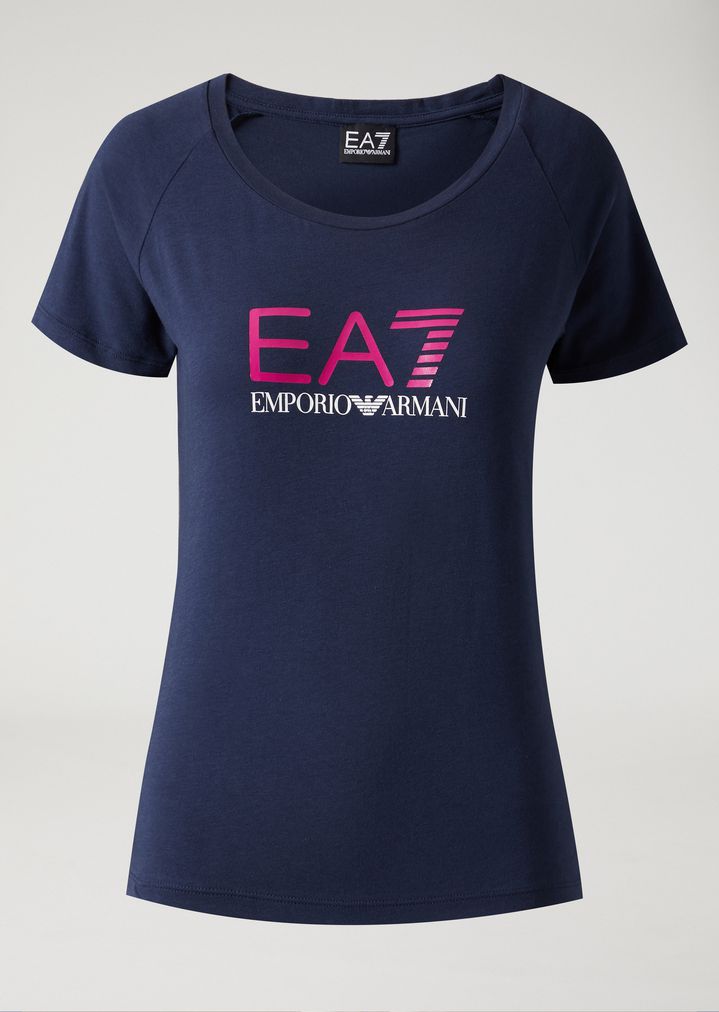 Camiseta de algodón elástico con logotipo EA7 Camiseta de algodón elástico con logotipo EA7