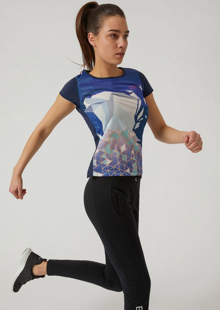 Camiseta de cuello redondo de punto de algodón con estampado gráfico Camiseta de cuello redondo de punto de algodón con estampado gráfico