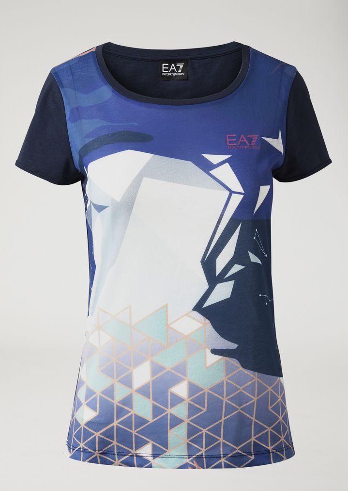 Camiseta de cuello redondo de punto de algodón con estampado gráfico Camiseta de cuello redondo de punto de algodón con estampado gráfico