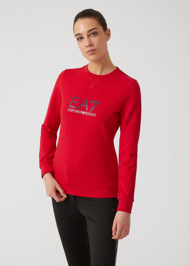 Sudadera de algodón elástico con cuello redondo y logotipo estampado Sudadera de algodón elástico con cuello redondo y logotipo estampado