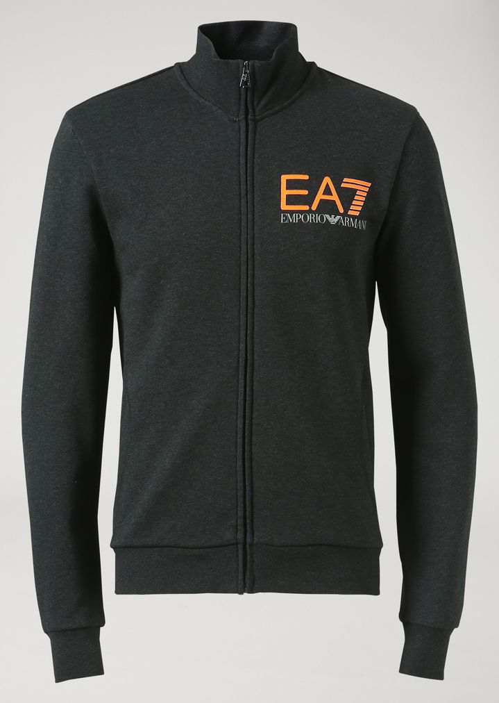 Sudadera de algodón elástico con cremallera y logotipo EA7 estampado Sudadera de algodón elástico con cremallera y logotipo EA7 estampado