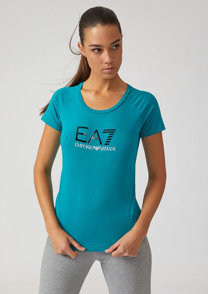 Camiseta de algodón elástico con logotipo EA7 Camiseta de algodón elástico con logotipo EA7