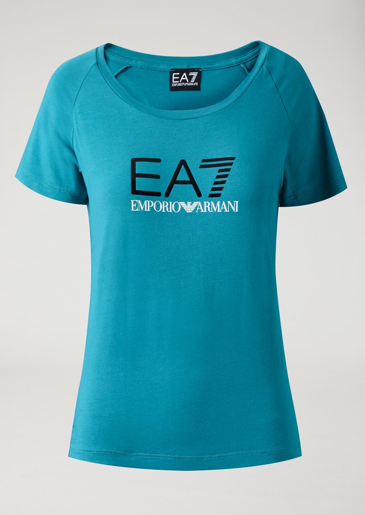 Camiseta de algodón elástico con logotipo EA7 Camiseta de algodón elástico con logotipo EA7