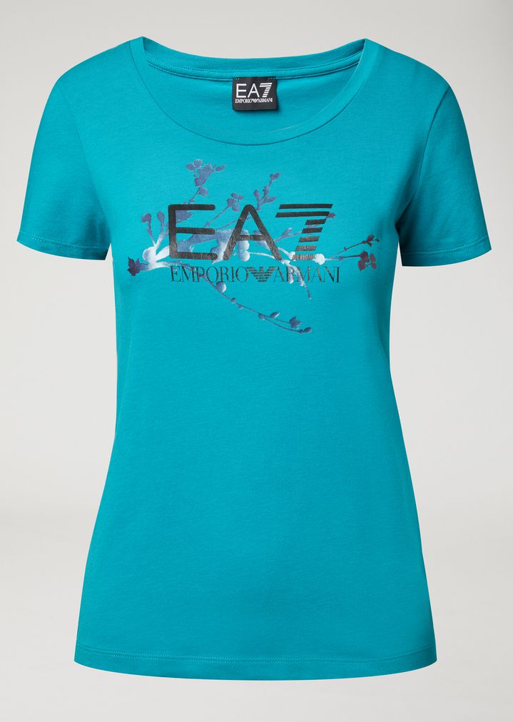 Camiseta de algodón elástico con logotipo EA7 y estampado de flores Camiseta de algodón elástico con logotipo EA7 y estampado de flores