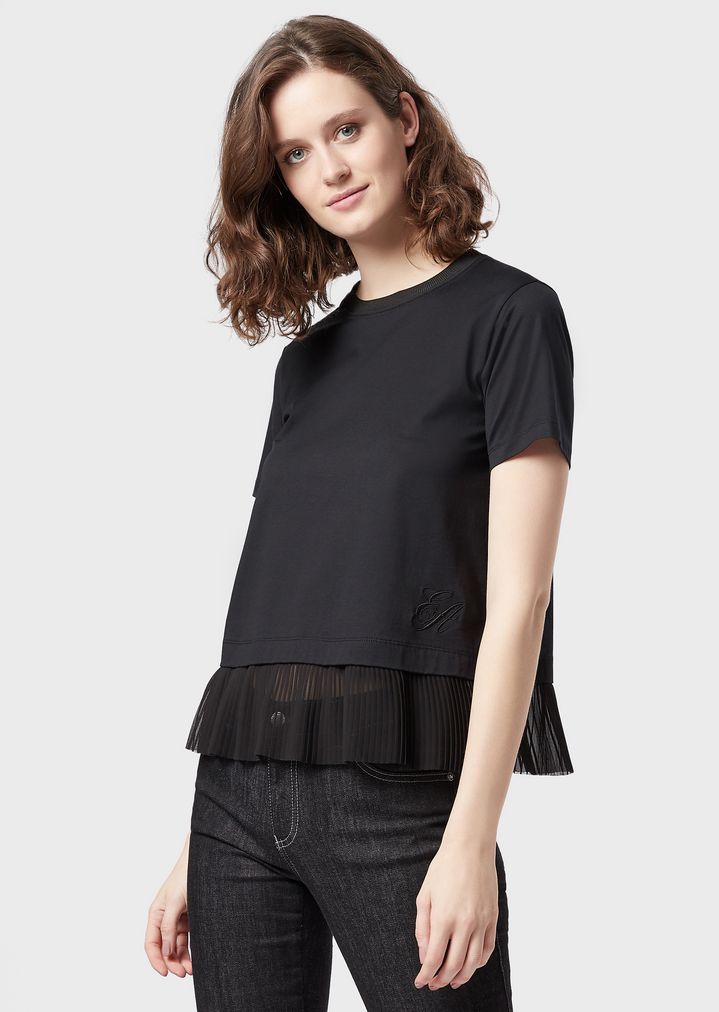 T-shirt with pleated voile hem T-shirt with pleated voile hem