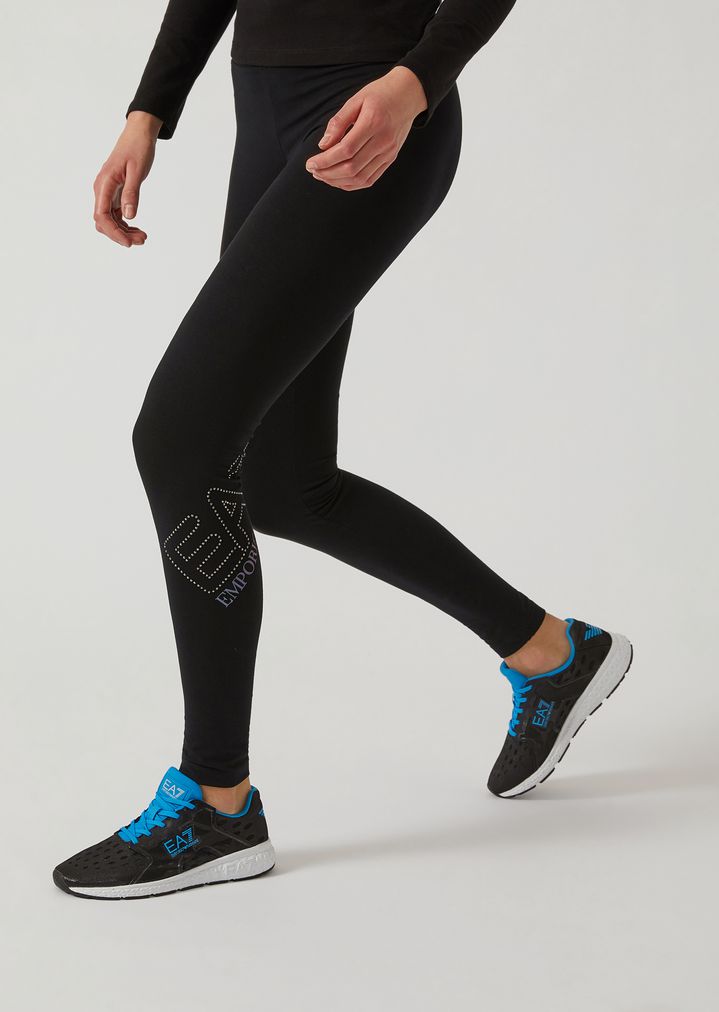 Leggings de punto elástico con logotipo adornado con tachuelas Leggings de punto elástico con logotipo adornado con tachuelas