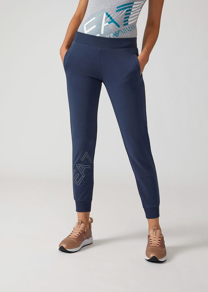 Pantalones deportivos de algodón perchado con logotipo de strass Pantalones deportivos de algodón perchado con logotipo de strass