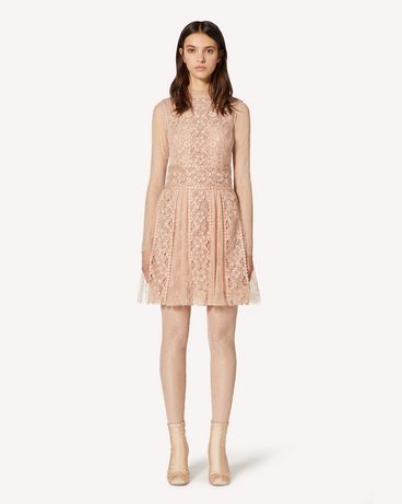 REDValentino Point d'esprit tulle and lace dress with macramé ribbons and floral embroidery