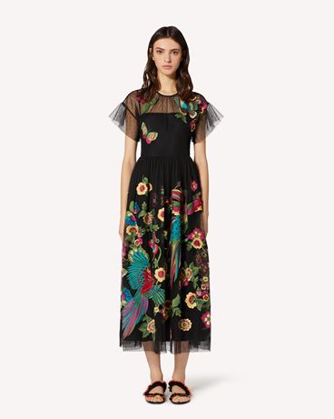 REDValentino Point d'esprit tulle dress with Bird of Paradise in the Forest embroidery