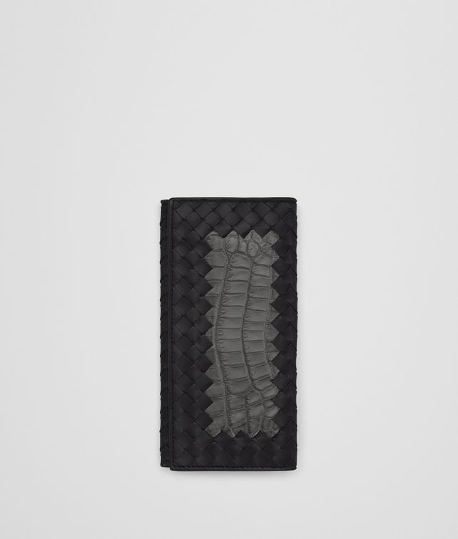 BOTTEGA VENETA ネロ ニューライトグレー イントレチャート ナッパ クロコダイル コンチネンタルウォレット ラージ ウォレット メンズ fp