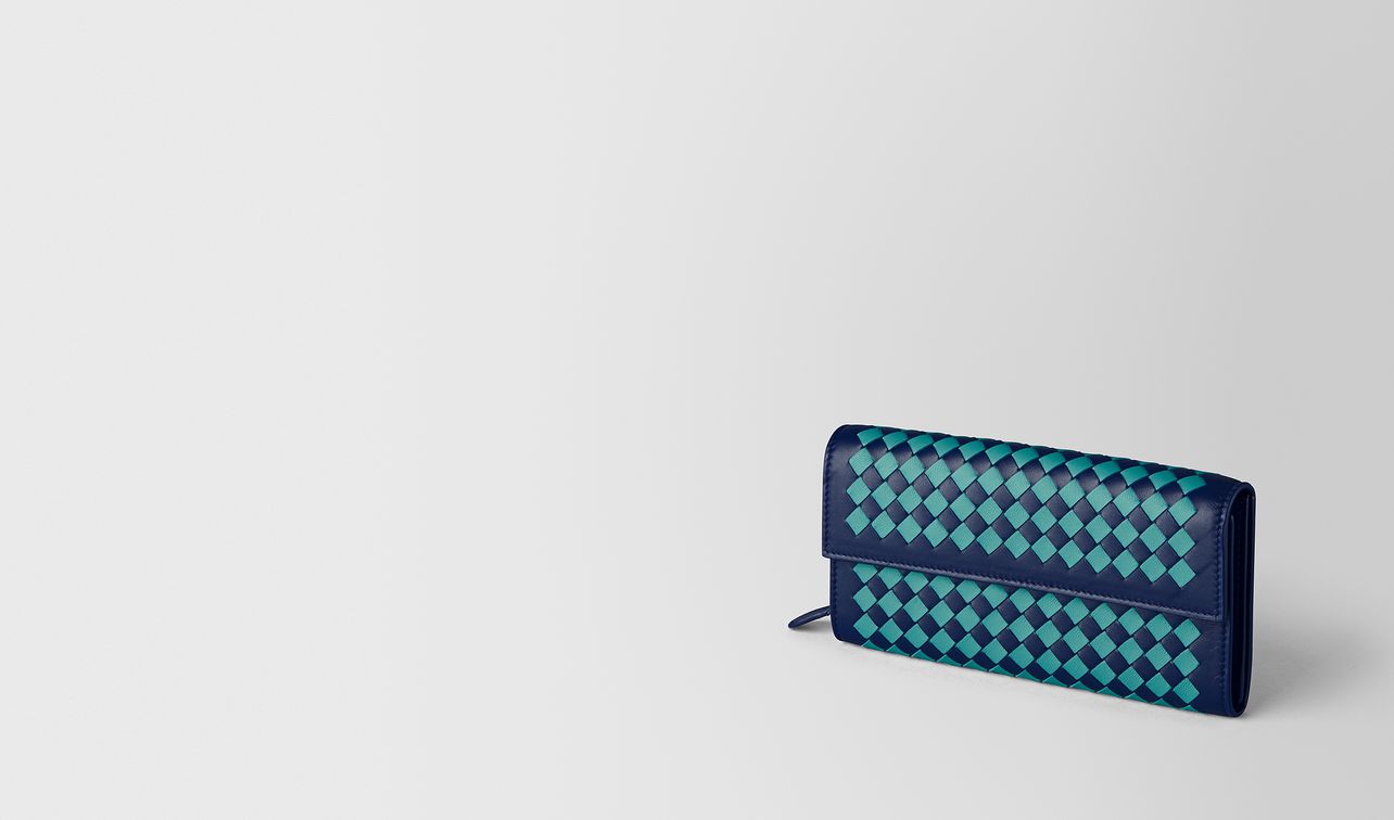 atlantic/aqua intrecciato checker continental wallet landing