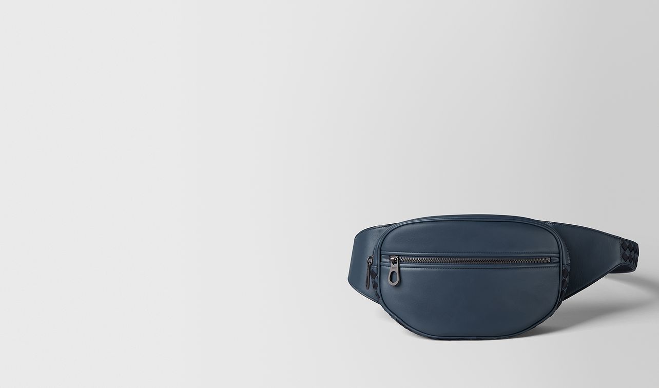 denim/tourmaline calf intrecciato checker belt bag landing