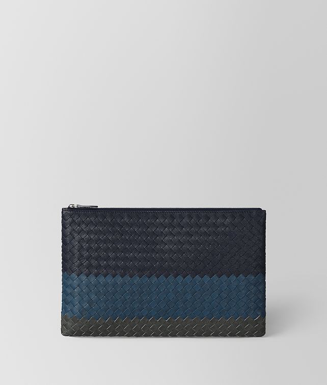BOTTEGA VENETA ニューダークネイビー デニム アルドアーズ イントレチャート クラブ ラージ ドキュメントケース ポーチ メンズ fp