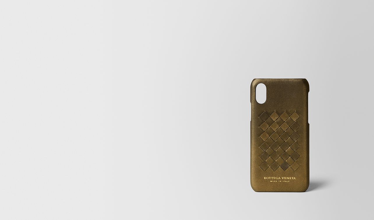 étui pour appareil high-tech en cuir nappa intrecciato dark gold landing