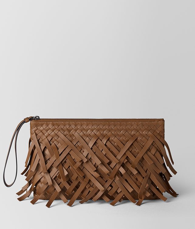 BOTTEGA VENETA DARK LEATHER INTRECCIATO FRINGE LARGE BILETTO Pouch E fp