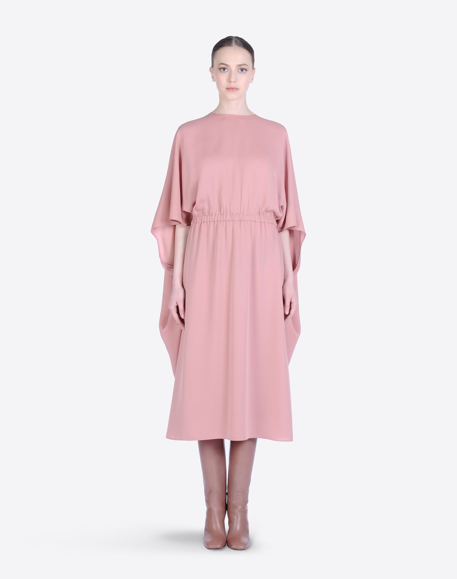Women S Silk Cady Cape Dress Valentino Online Boutique Us Valentino Crêpe Solid Color Round Collar Zip Lined Interior Long Sleeves 34421194bo