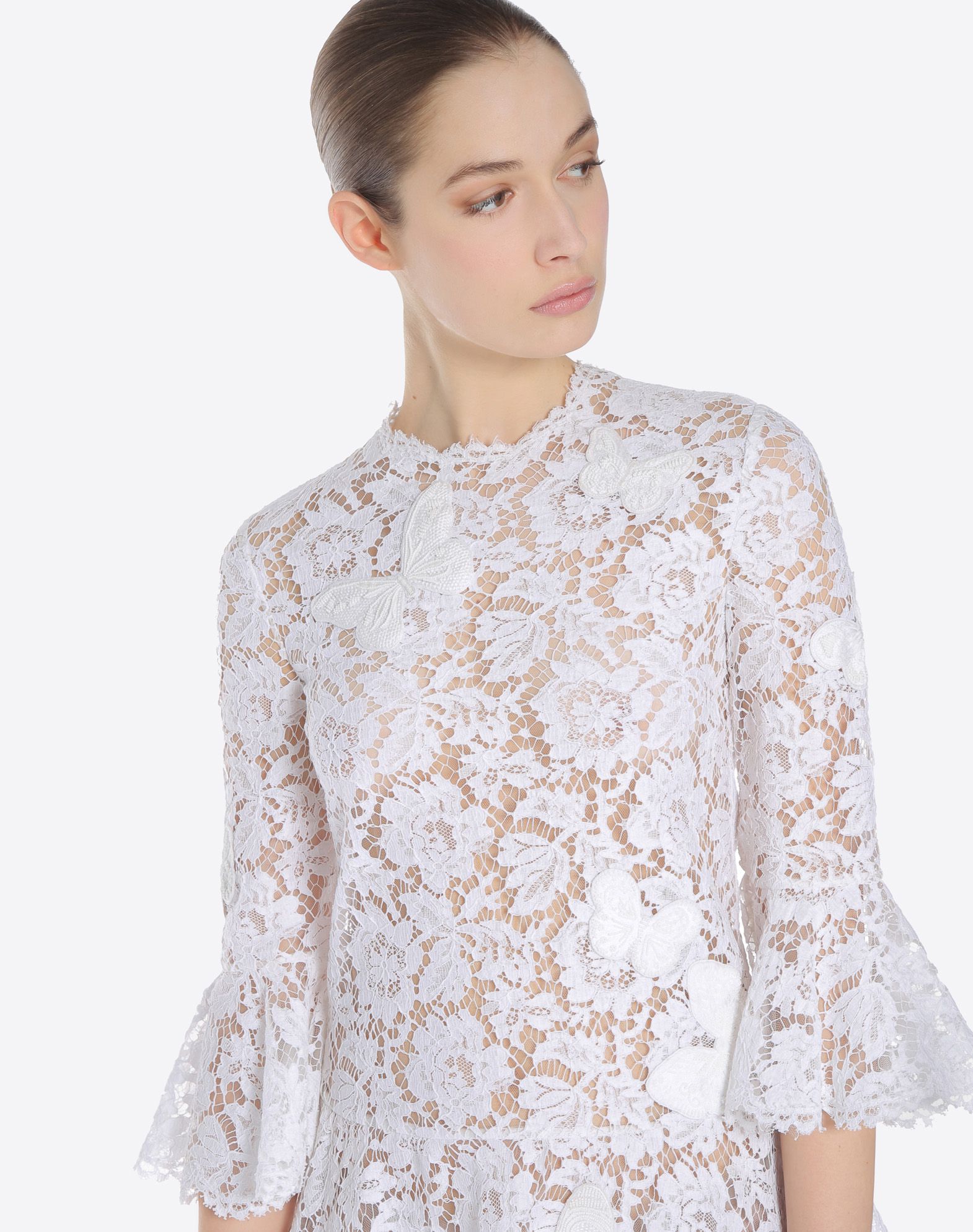Women S Embroidered Heavy Lace Dress Valentino Online Valentino Lace Solid Color Round Collar Internal Slip Dress Beaded Detailing Hook And Bar