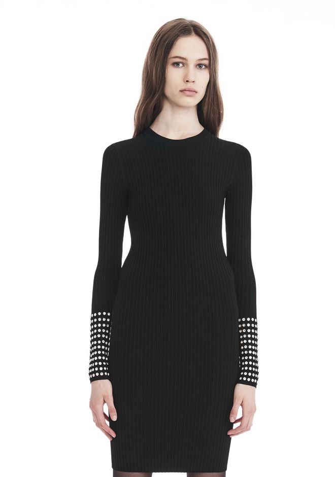 ALEXANDER WANG Long Sleeve Dress With Crystal Cuff Trim, Black | ModeSens