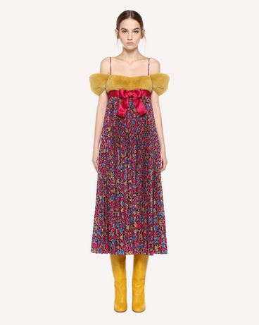 REDValentino Rose Ramage print crêpe de Chine dress with fur detail