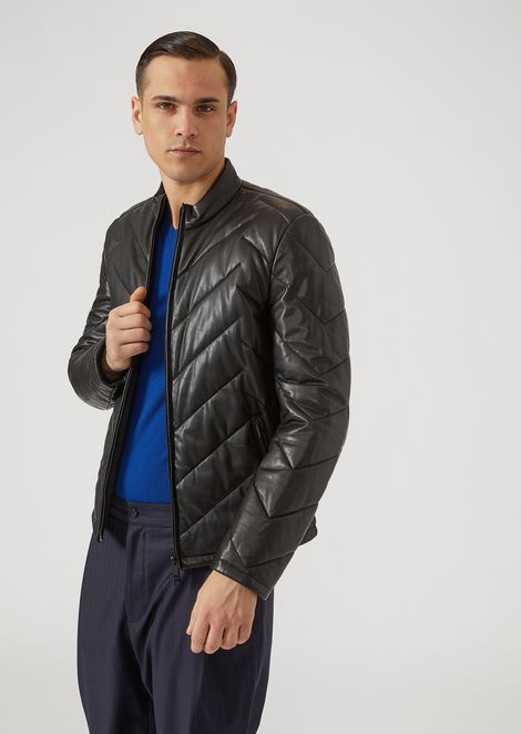 Men S Leather Emporio Armani Padded Jacket In Nappa Leather With Maxi Chevron Effect Quilting