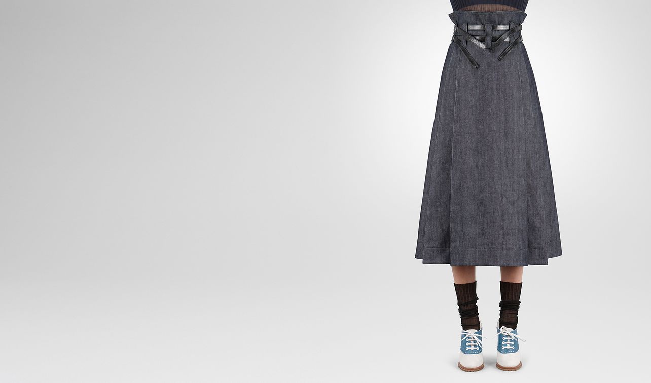 skirt in dark navy heavy drill denim nero calf, leather details landing