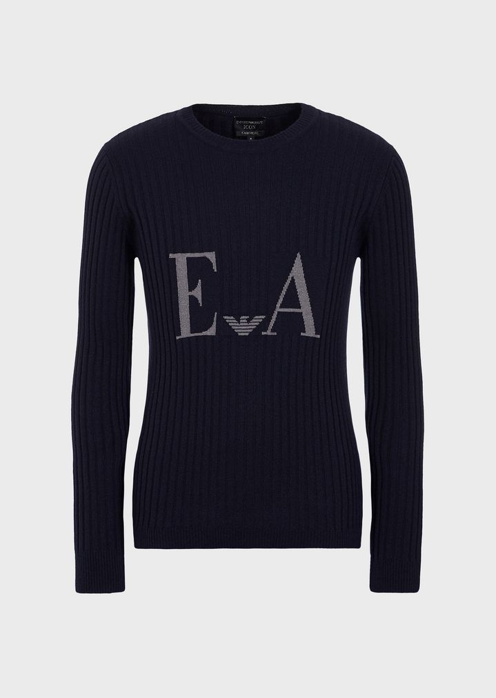 Pure cashmere sweater with jacquard logo | Man | Emporio Armani