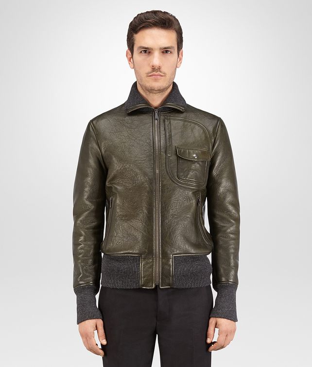 Bottega Veneta® - BLOUSON IN DARK SERGEANT LEATHER WITH TWEED WOOL LINING