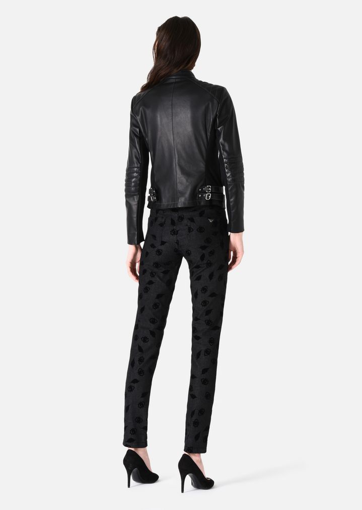 Leather Biker Jacket With Jersey Details Woman Emporio Armani Emporio Armani Leather Biker Jacket With Jersey Details Blouson Woman D