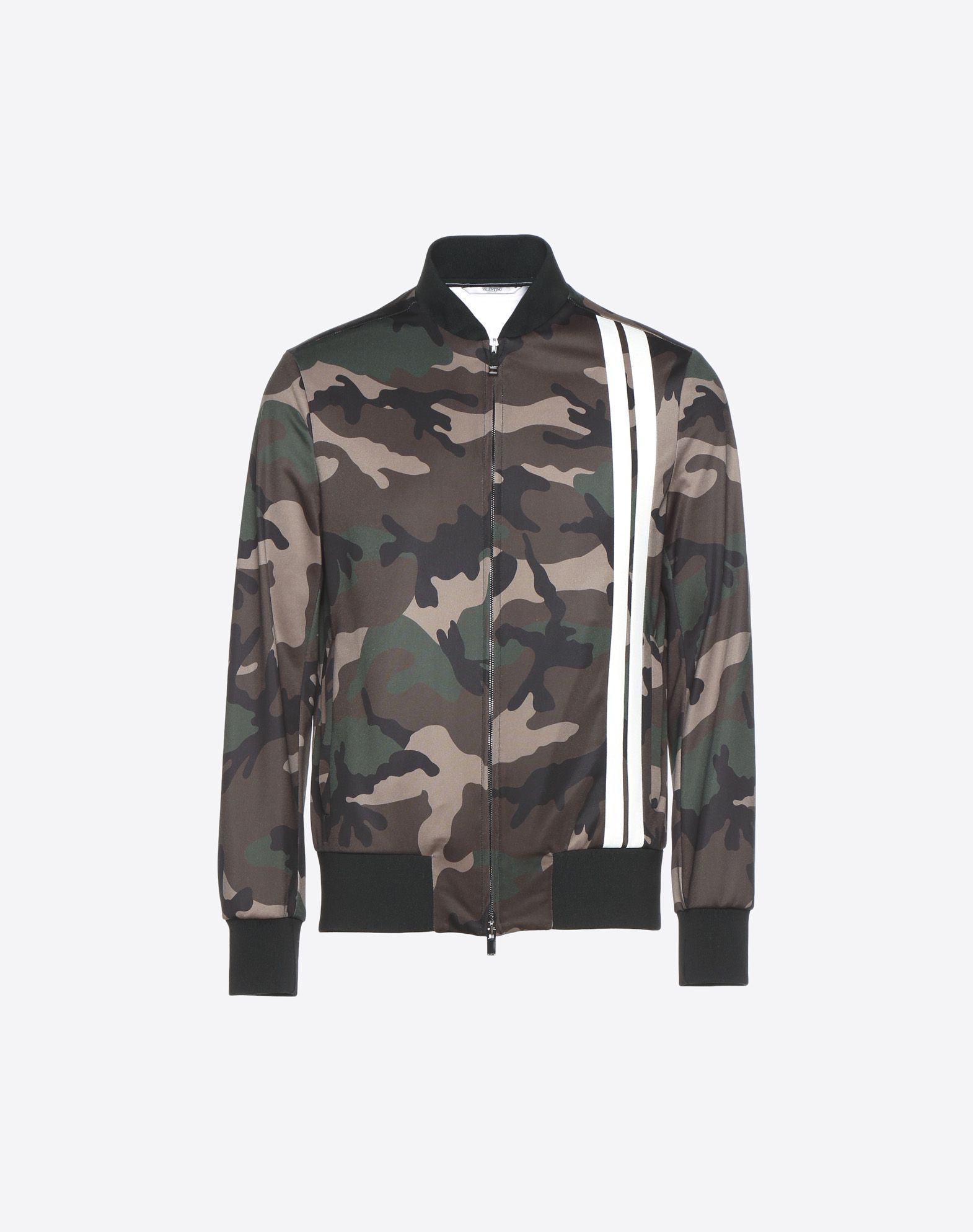VALENTINO CAMOUFLAGE-PRINT BLOUSON WITH VERTICAL STRIPE INLAYS MAN MILITARY GREEN POLYESTER 80%, ELASTANE 3% 5