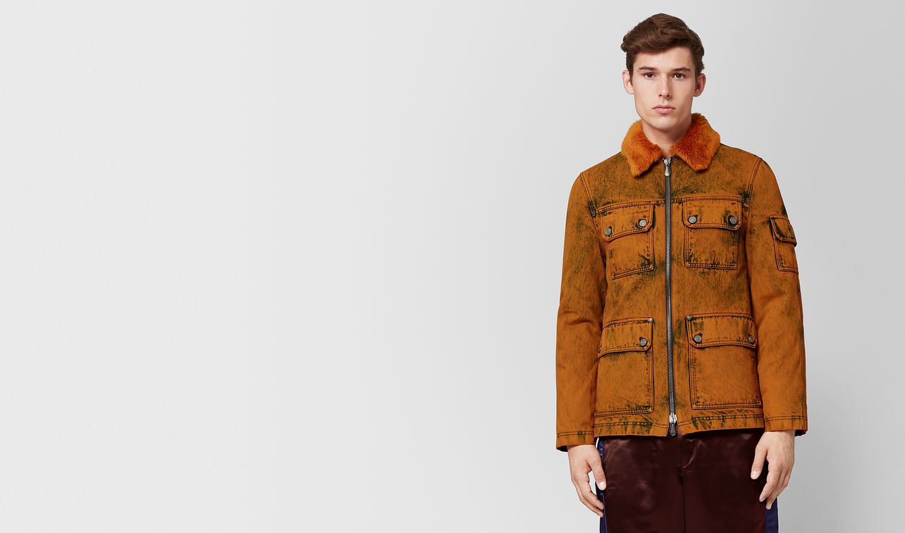 orange denim/shearling jacket landing
